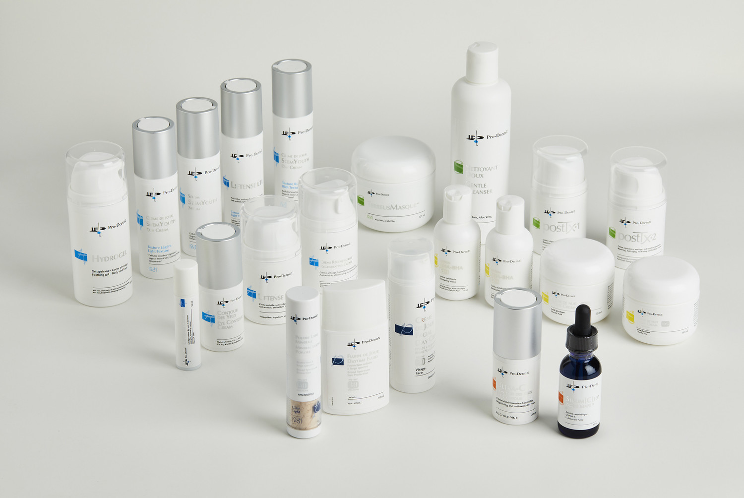 Various bottles of proderm products